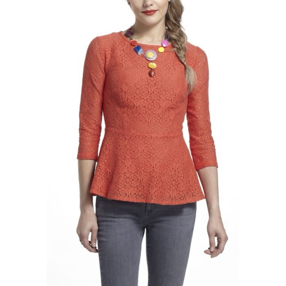 Anthropologie Moulinette Soeurs Orange Lace Peplum Blouse 3/4 Sleeve Size 4